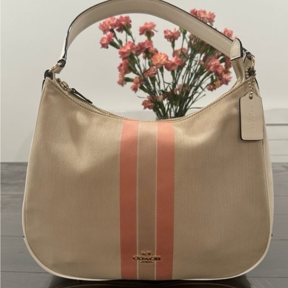 Coach Beige and Coral Stripe Shoulder Bag